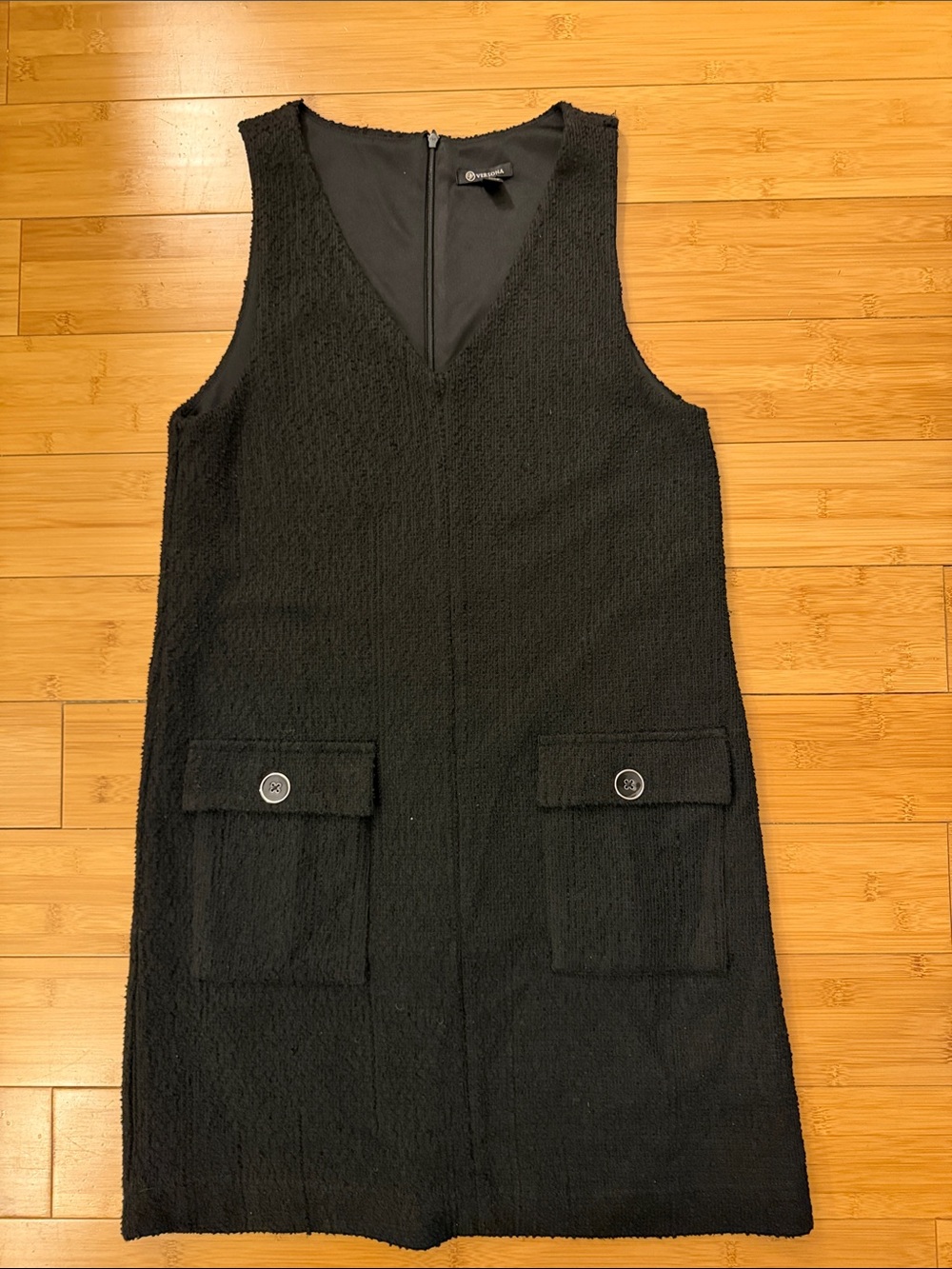Black Tweed V-Neck Midi Dress with Front Flap Pockets
